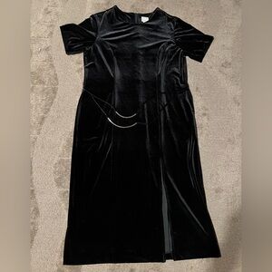 Vintage Studio C Plus Black Velvet Midi Sheath Dress Leg Slit Metal Belt Accent